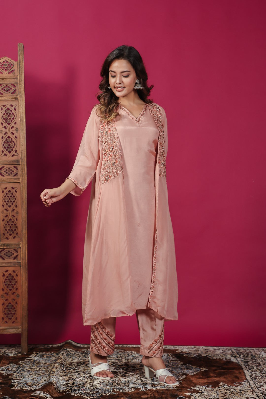 Peach Silk Suit with Thread Work, Long Jacket & Palazzo Pant