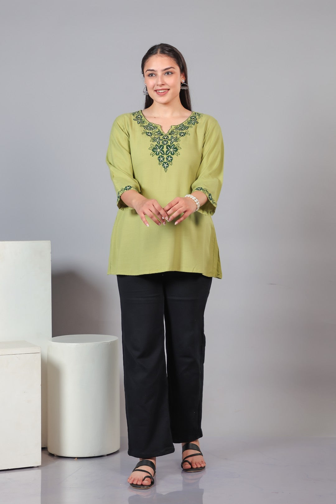 Pista Green Rayon Thread Work Top