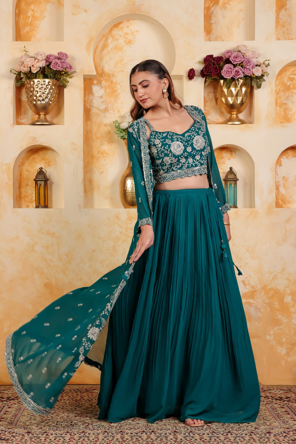 Rama Green Georgette Blouse with Thread & Stone Work, Lehenga & Long jacket Shrug