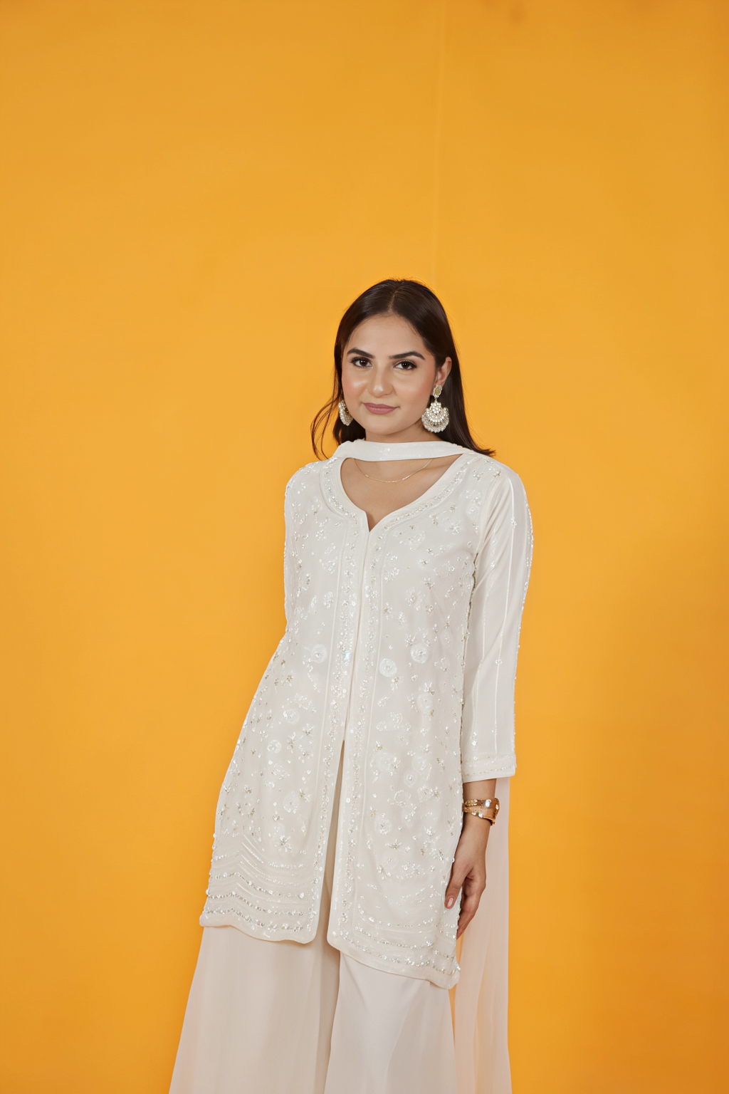 Off White Georgette Top with Pearl & Sequins Work, Sharara & Dupatta