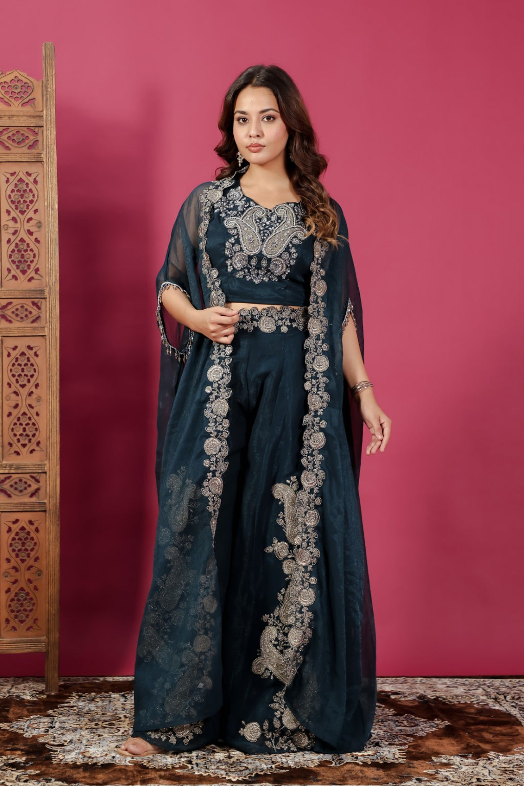 Dark Teal Blue Lurex Chiffon blouse with Patch Handwork, Sharara & Shrug
