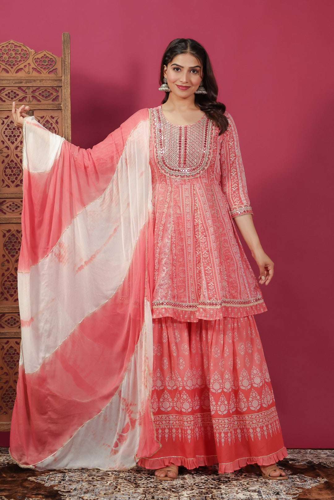 Reddish Orange Cotton Printed Suit, Palazzo & Dupatta