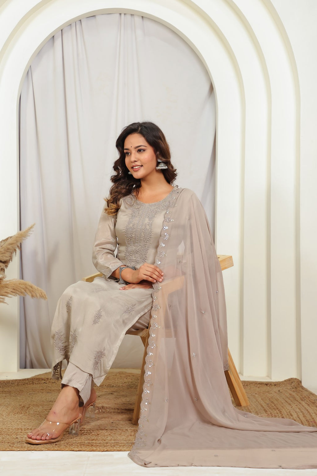 Dusty Grey Chinon Silk Suit with Thread Embroidered, Bottom & Dupatta