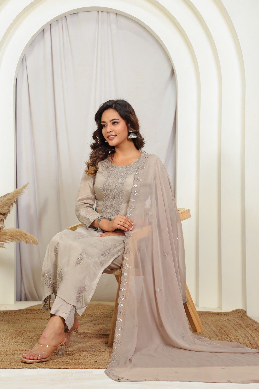 Dusty Grey Chinon Silk Suit with Thread Embroidered, Bottom & Dupatta