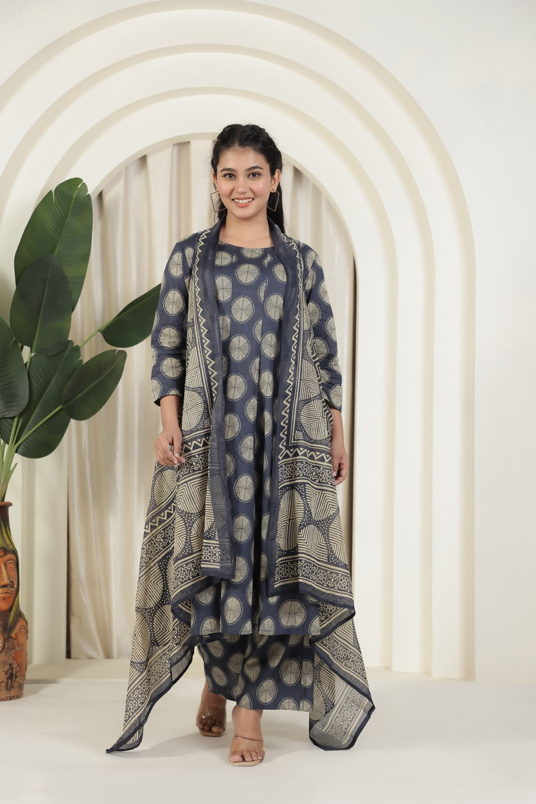 Deep Navy Blue Cotton Printed Suit and Paired with a Matching Pant & Dupatta