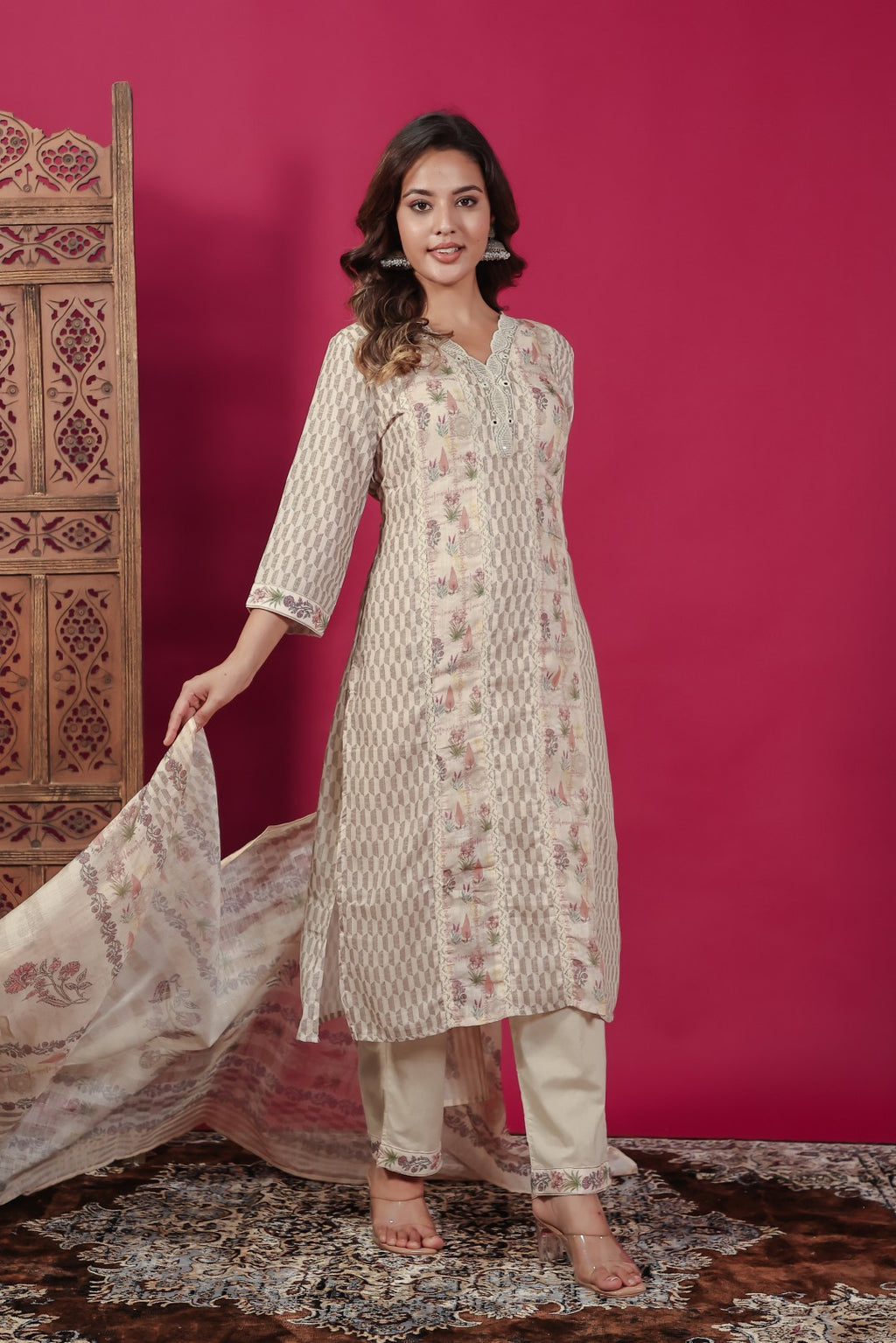 Beige Linen Cotton Printed Suit with Lace Work, Bottom & Dupatta
