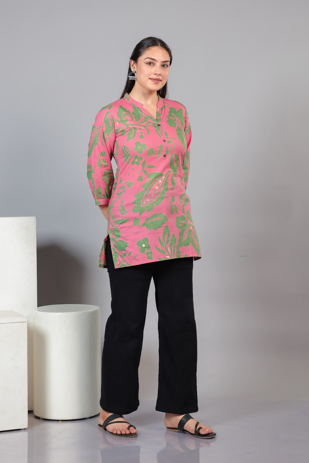 Pink Cambric Cotton Floral Printed Short Kurti