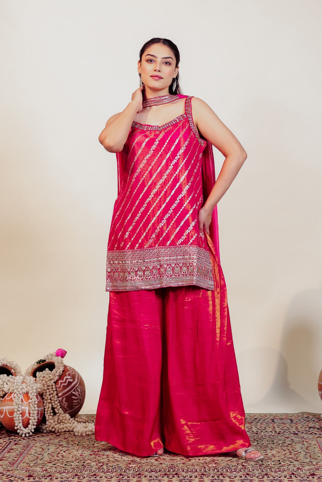 Rani Pink Mosh Silk Suit with Banarsi Print Handwork, Sharara & Dupatta