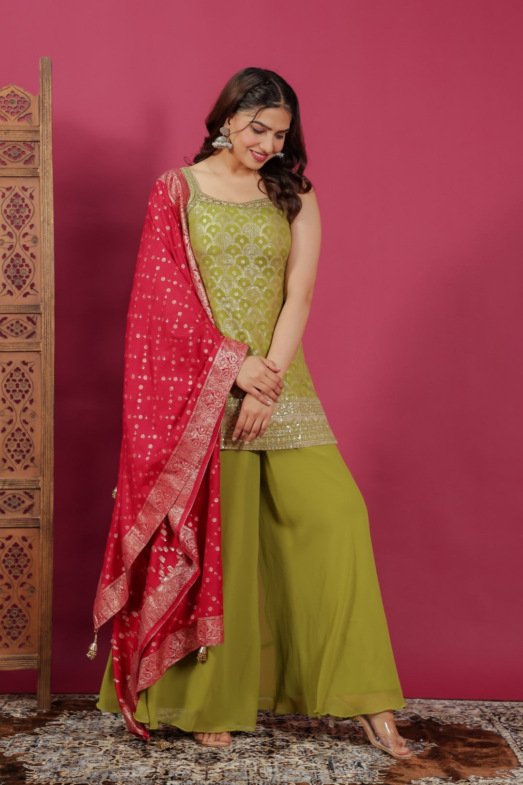 Lime Green Dola Silk Banarasi Suit with Zari & Sequin Work, Sharara & Dupatta