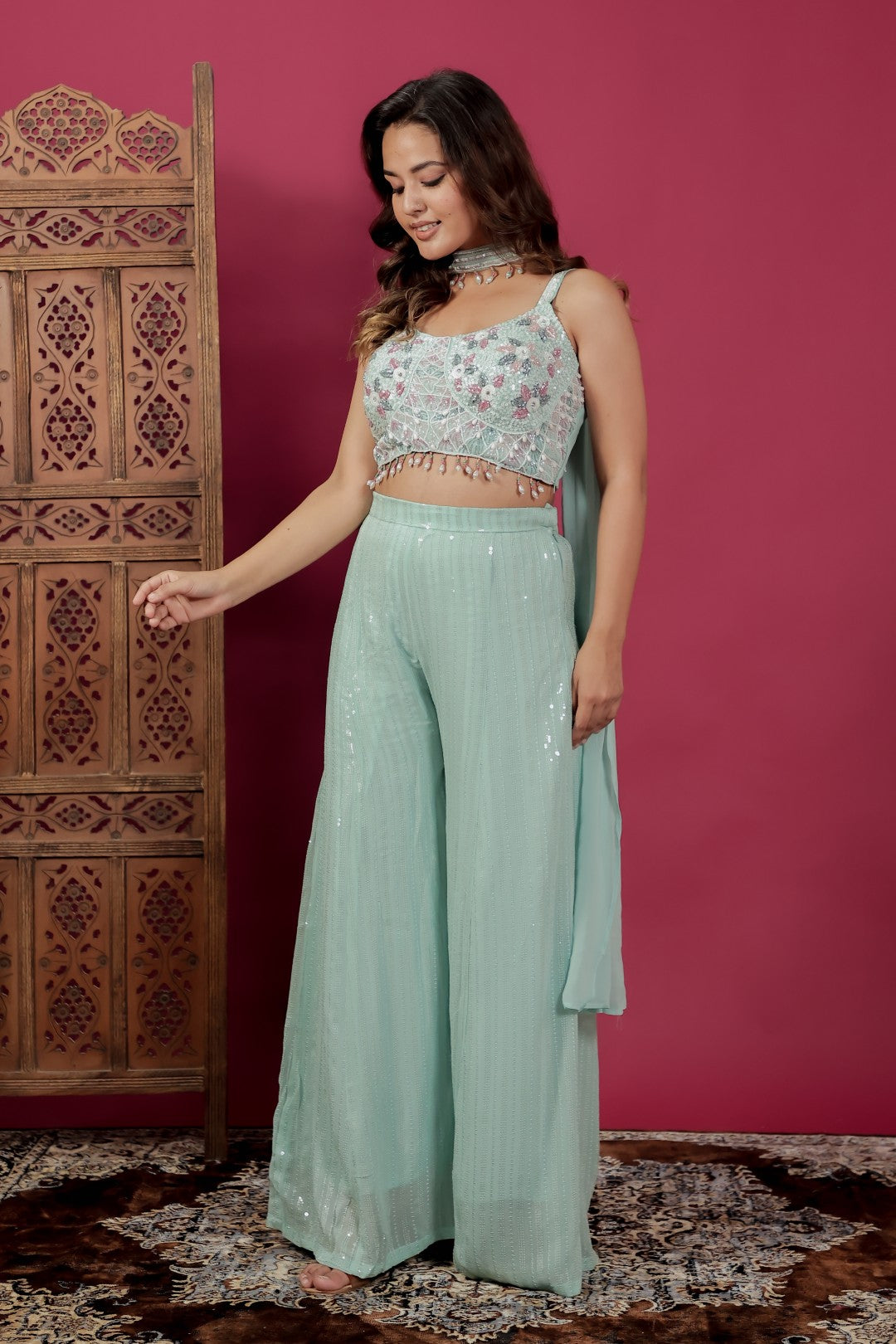 Sea Green Georgette Palazzo Set with Full Sequin Handwork Blouse & Dupatta