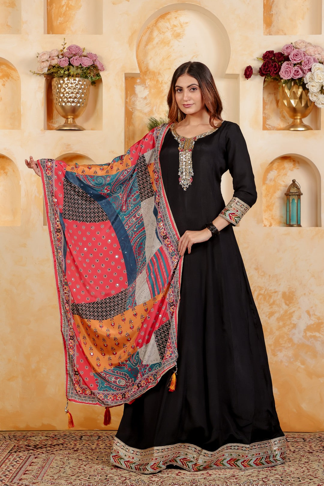 Black Pure Chinon with Zari Handwork Gown & Dupatta