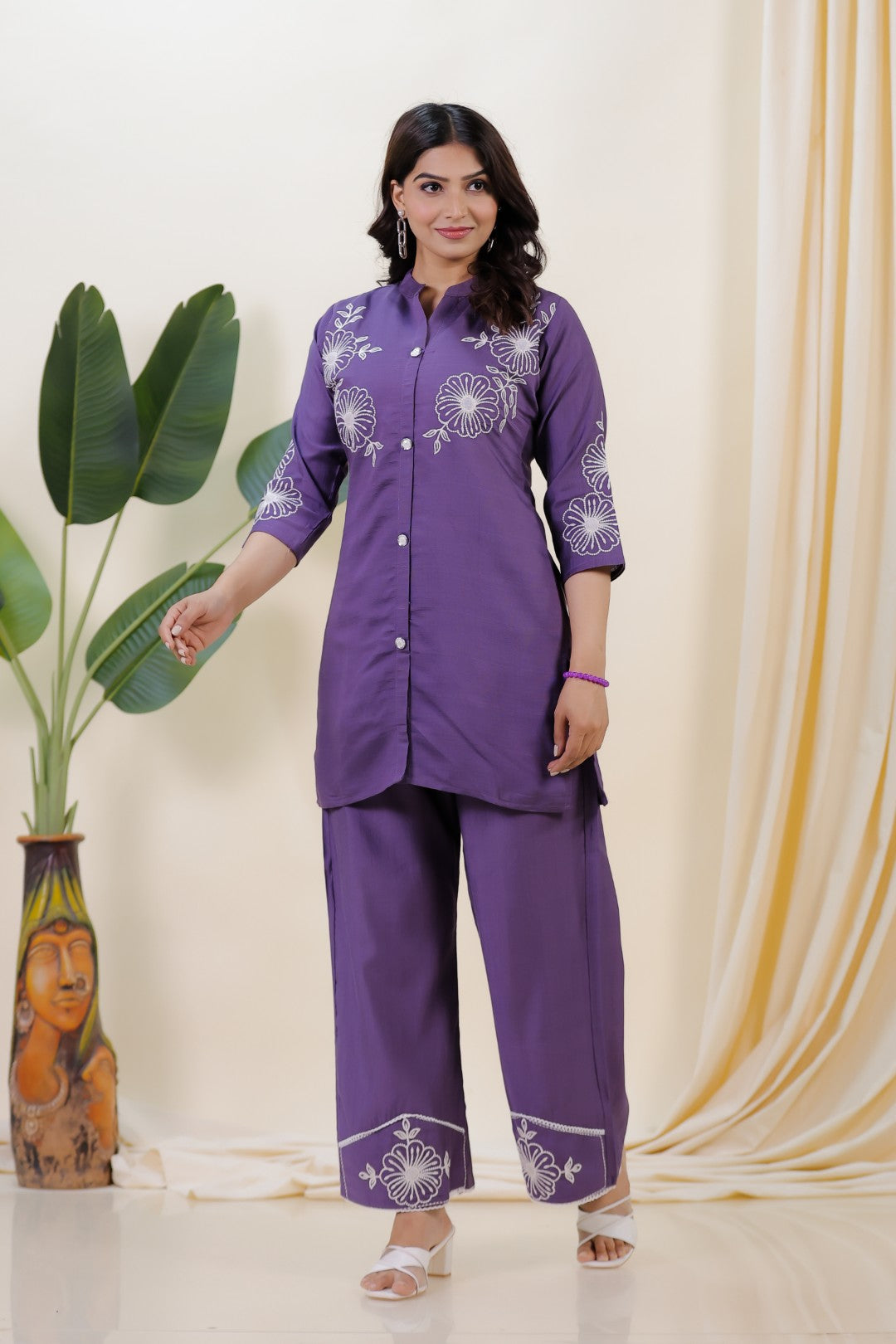Lavender Slub Cotton with Floral Thread Work Co-ord Set