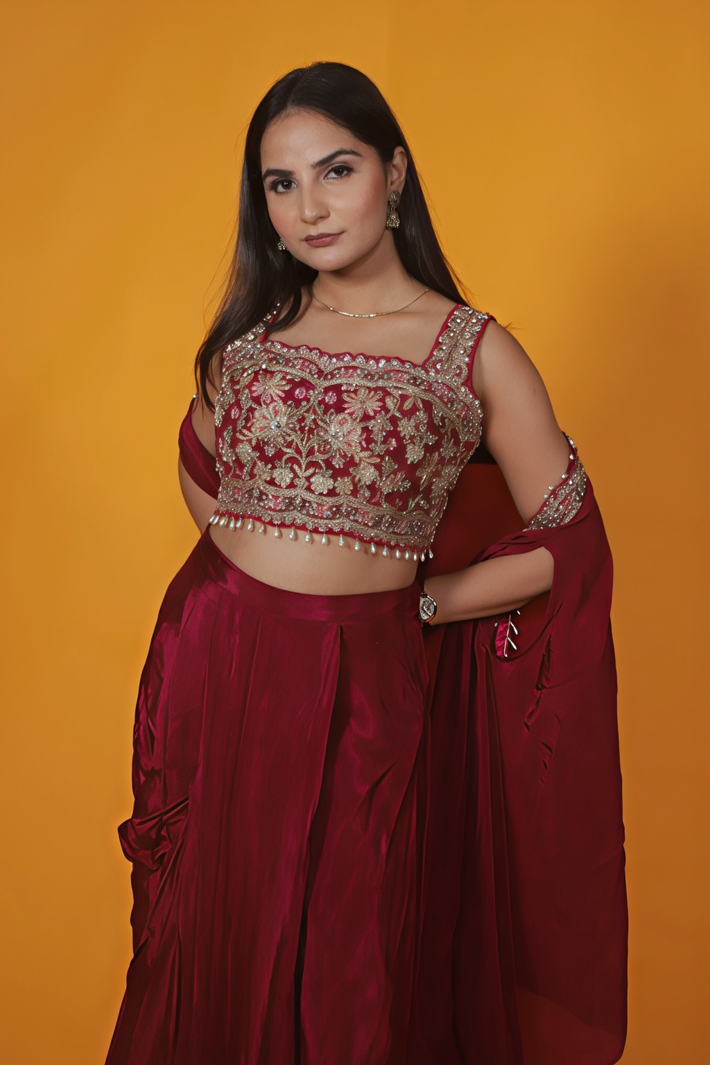 Maroon Crepe Silk Blouse with Zari Handwork, Dhoti & Shrug