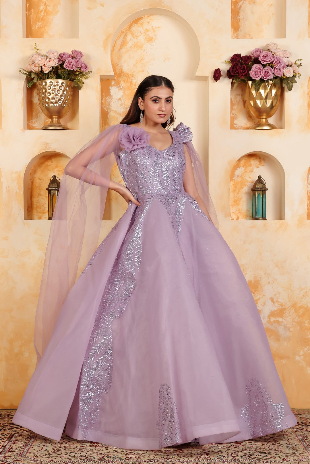 Lavender Net Gown with Sequin Work & Attached Dupatta