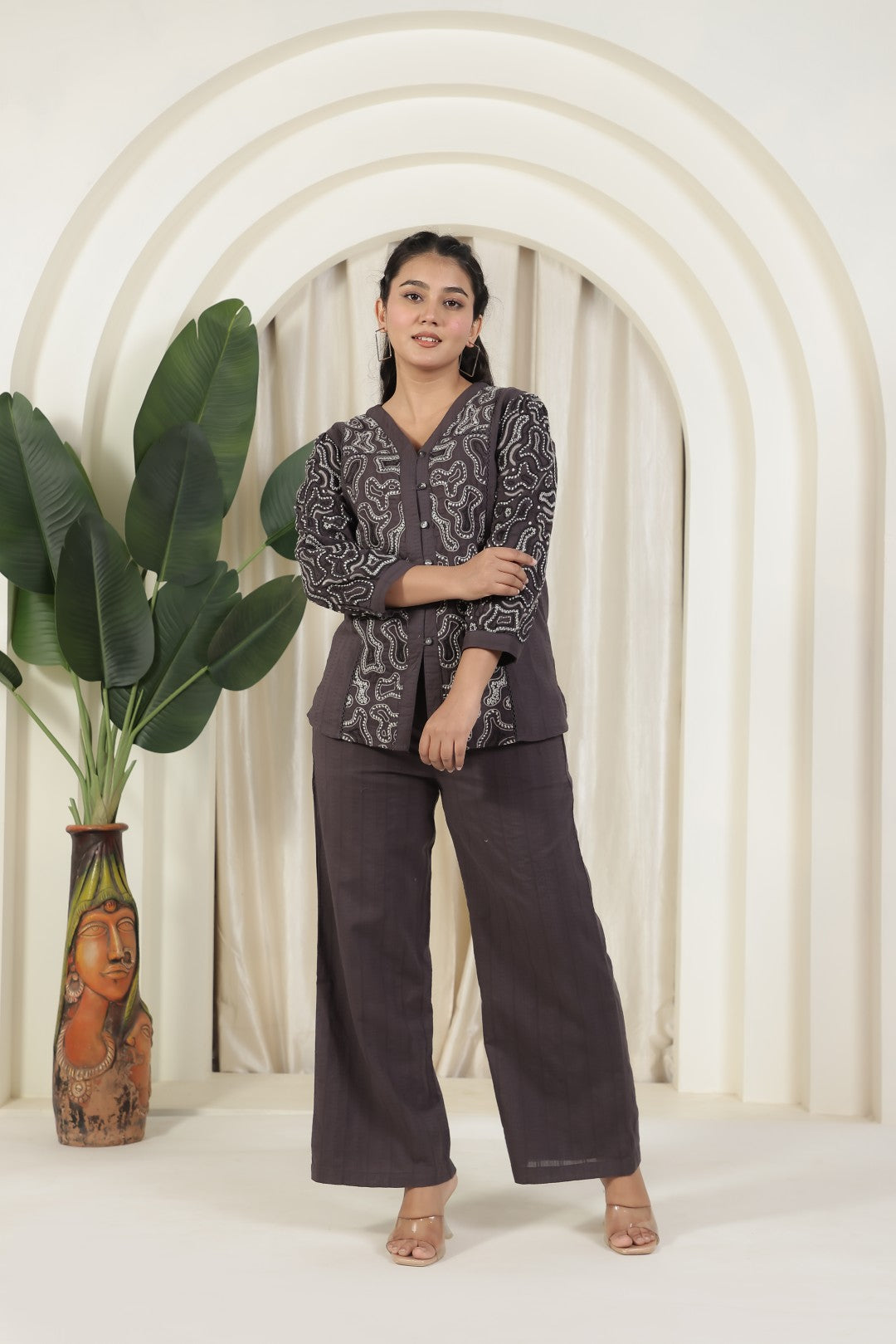 Dark Grey Cotton Top with Thread Embroidery & Palazzo Pant