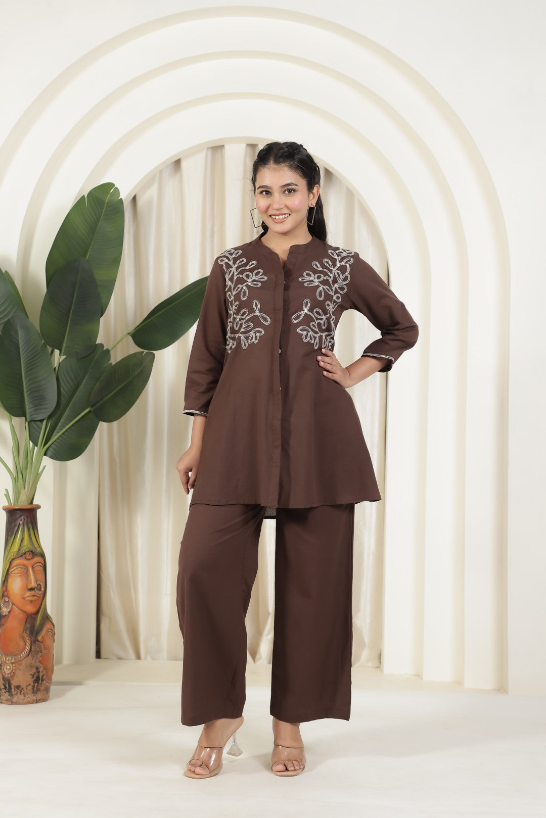 Coffee Brown Jute Linen Co-ord Set with Thread Handwork