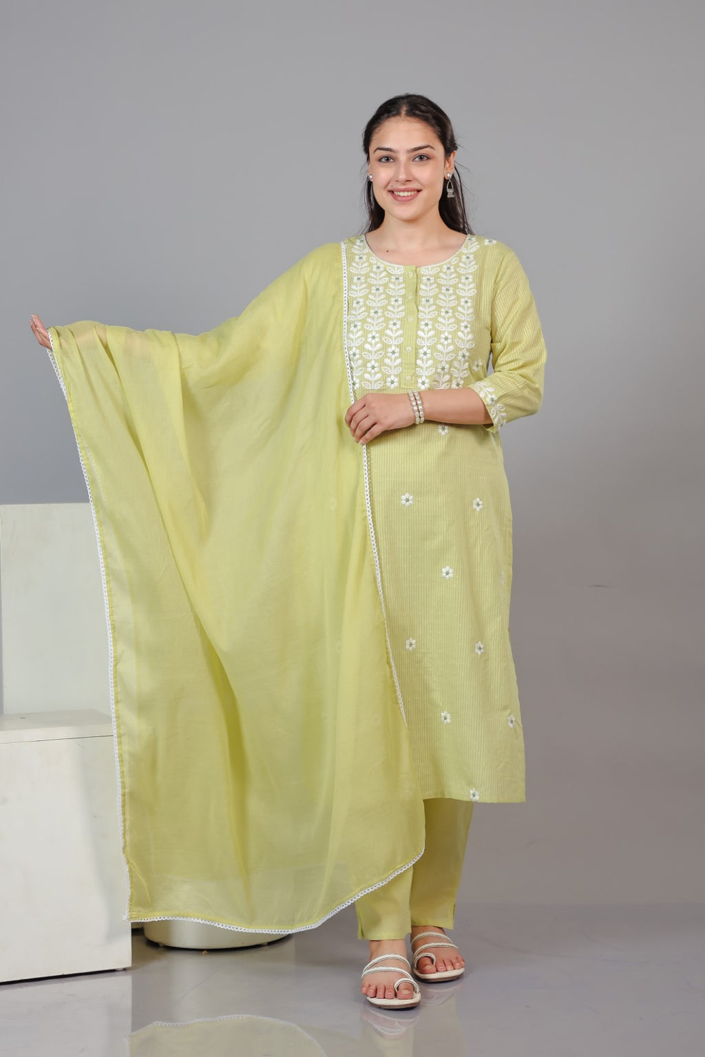 Light Green Cotton Suit with Fine Thread Work, Bottom & Dupatta