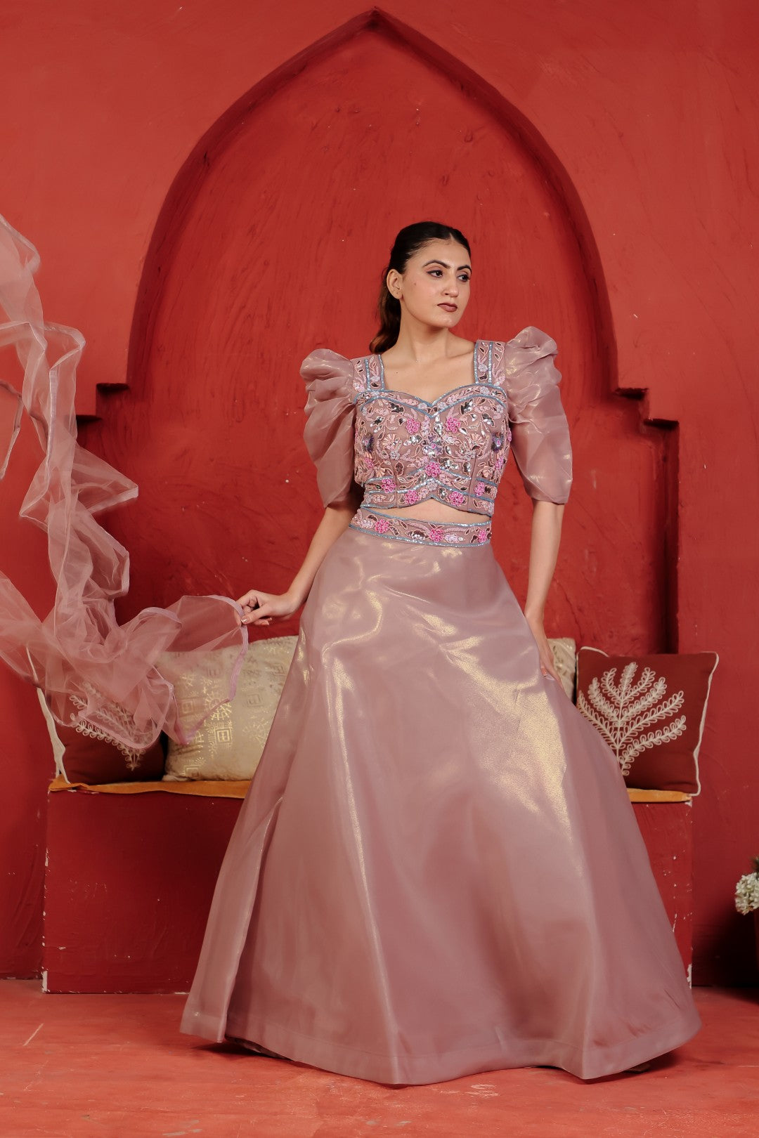 Light Brown Net Lehenga with Handwork Blouse & Dupatta