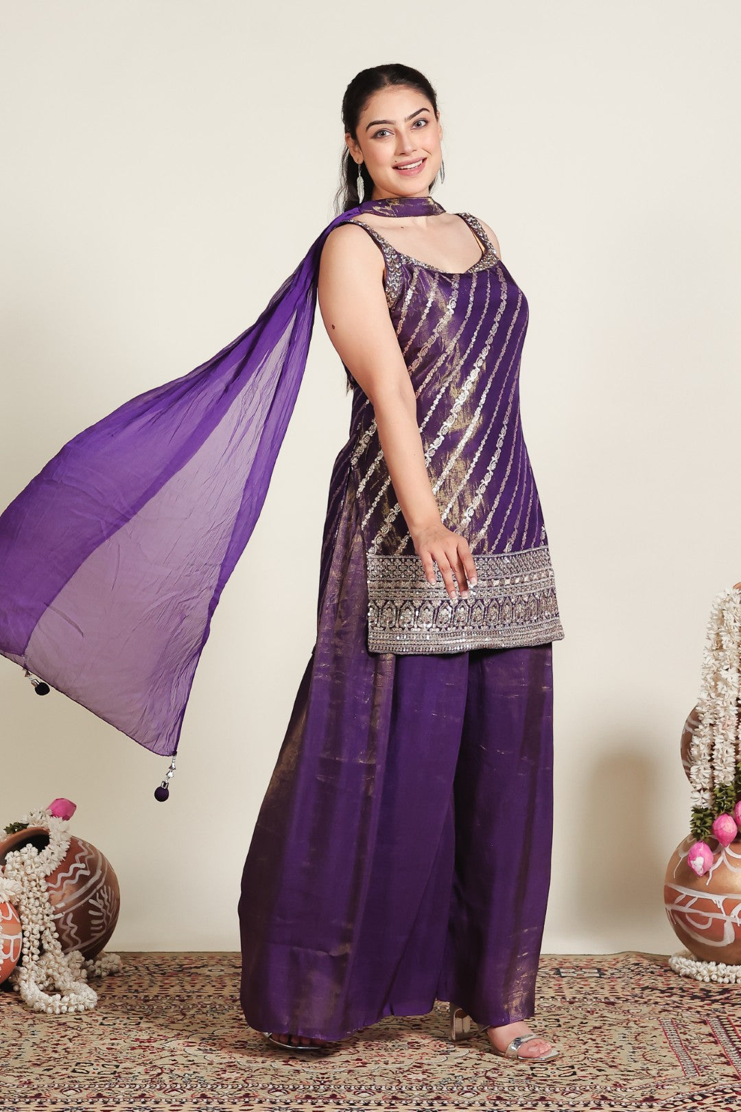 Purple Mosh Silk Suit with Banarsi Print Handwork, Sharara & Dupatta