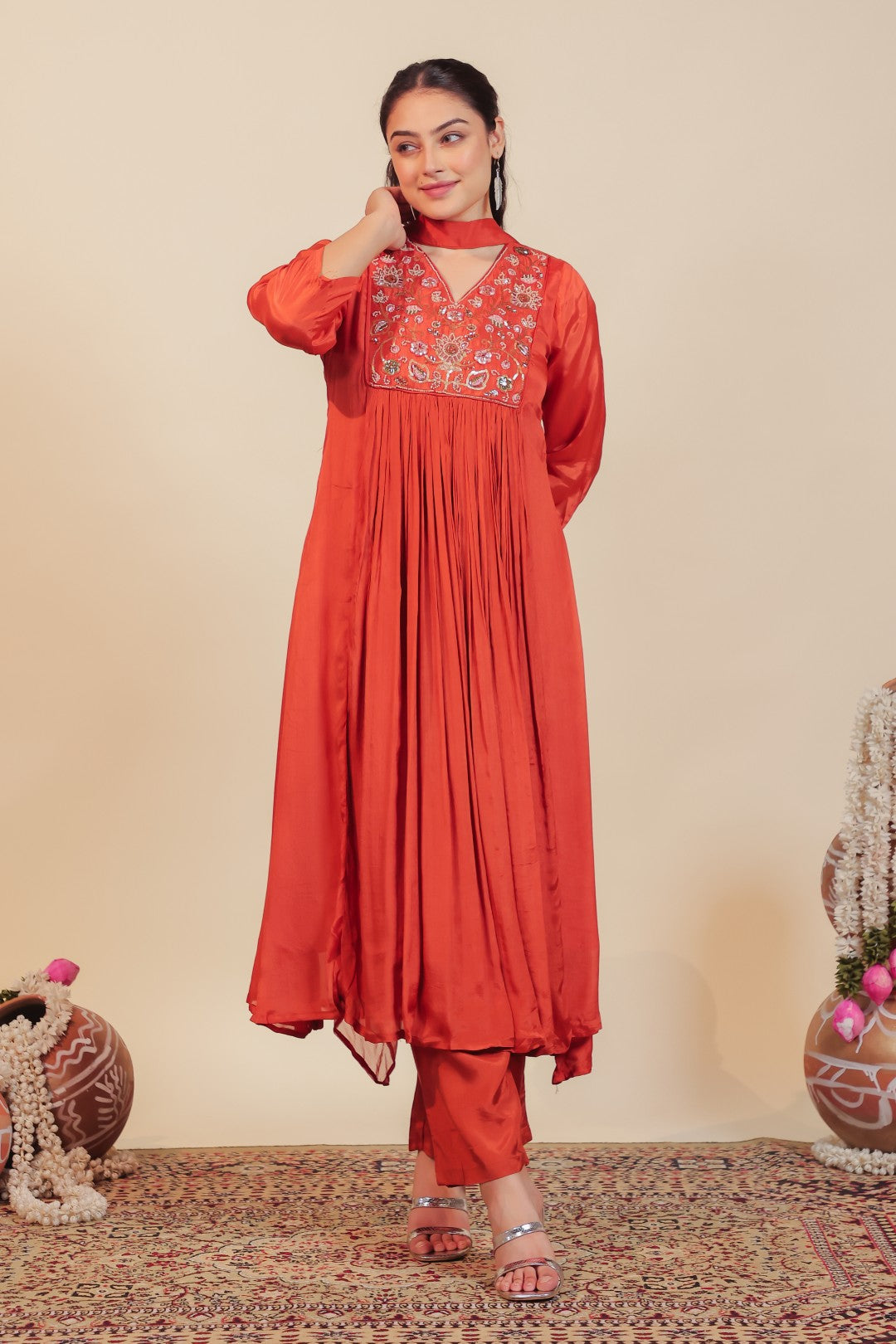 Rust Chinon Suit with Handwork, Bottom & Dupatta