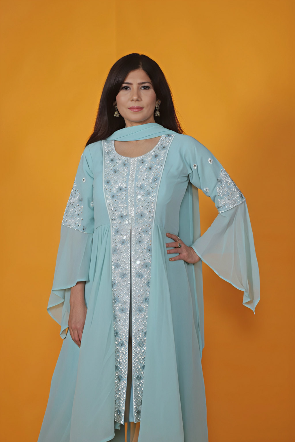 Sea Green Georgette Top with Thread work, Bottom & Dupatta
