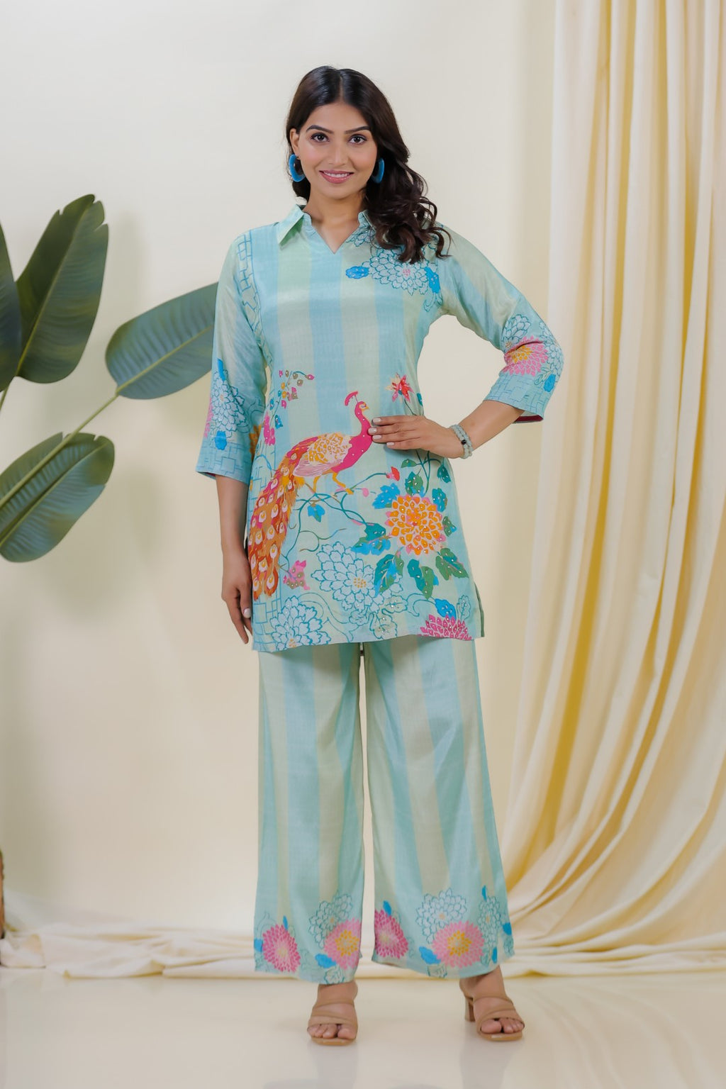 Sky Green & Sky Blue Crepe Silk with Peacock Printed Co-ord Set