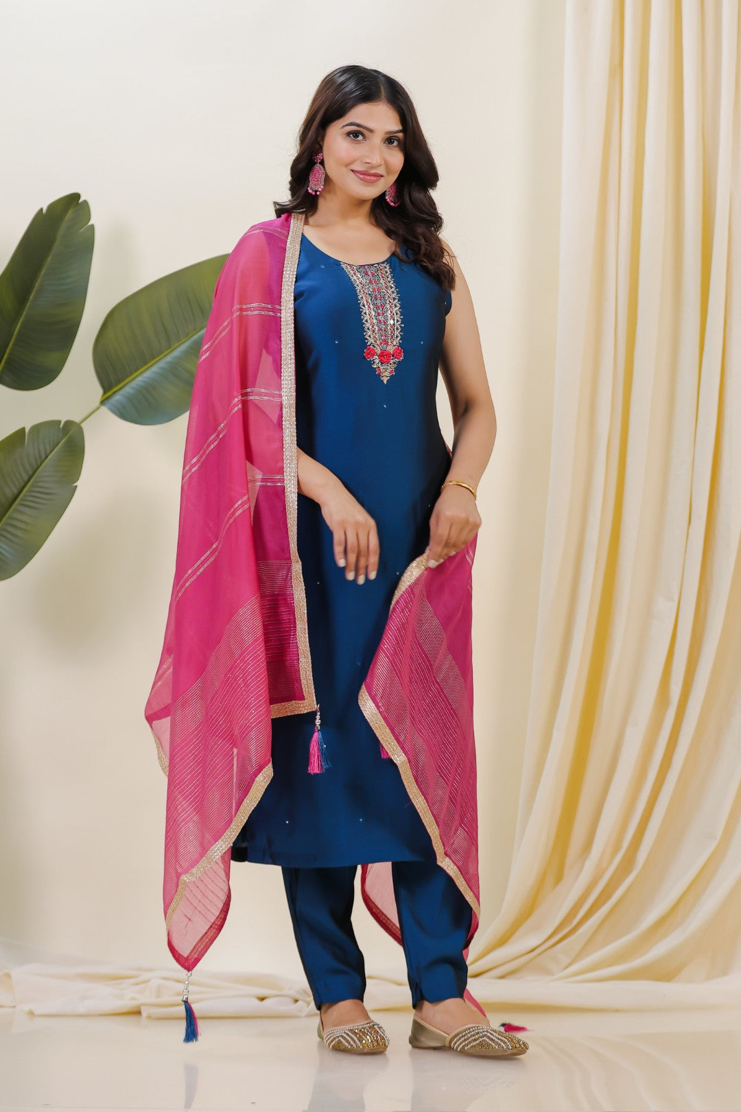 Diesel Blue Muslin Silk Suit with Handwork, Bottom & Dupatta