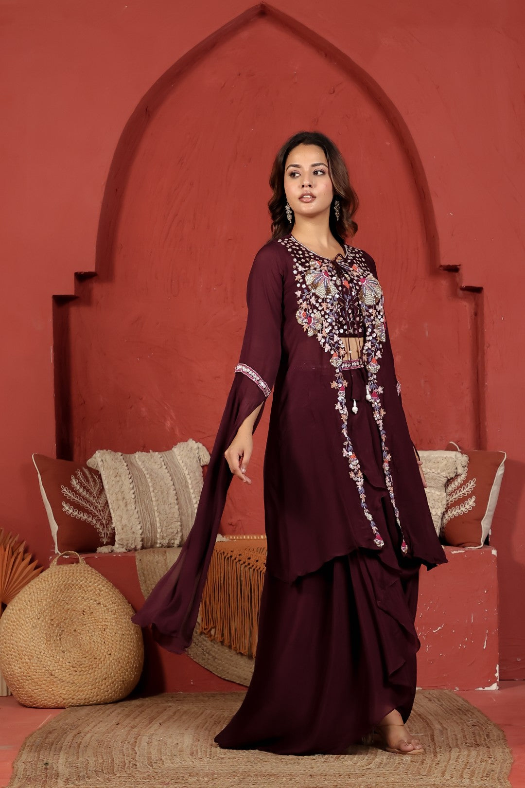 Wine Chinon Blouse with Handwork, Dhoti & Shrug
