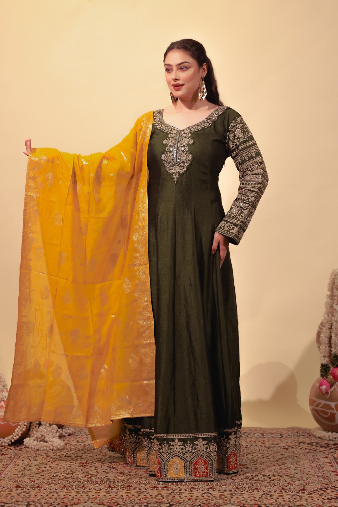 Mehendi Green Vichitra Silk with Zari Work Gown & Dupatta