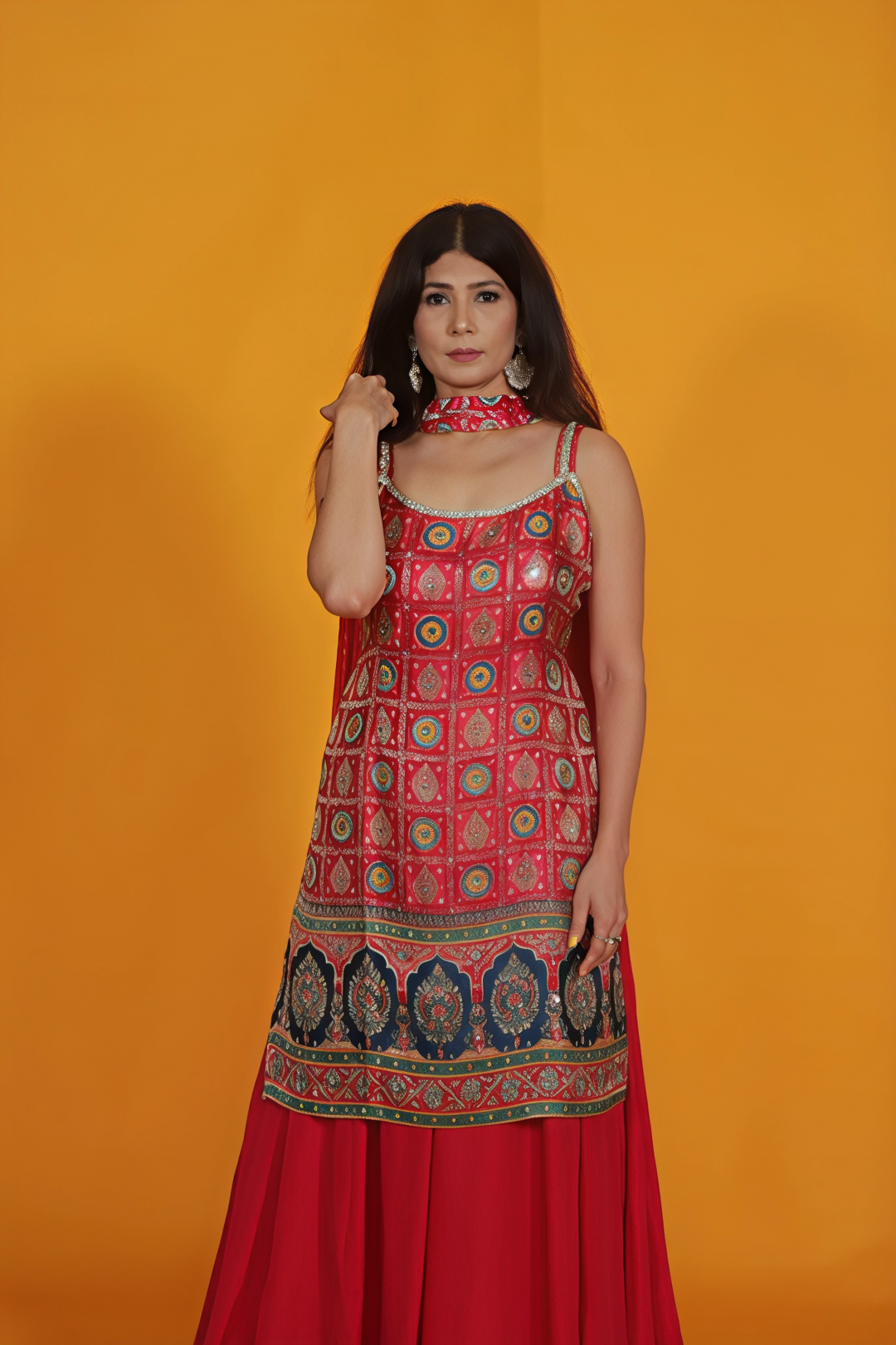 Rani Pink Crepe Silk Suit with Position Banarsi Prints, Sharara & Net Choker Dupatta