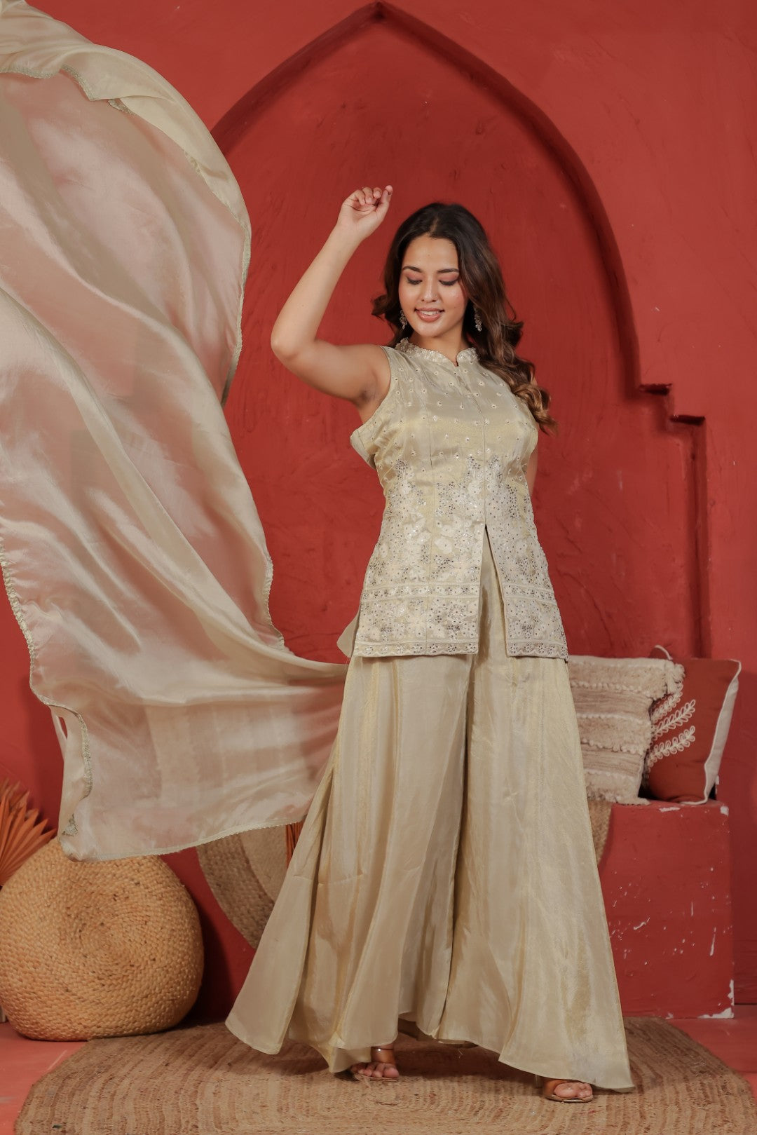 Beige Mosh Silk Jacket with Thread & Stone Work, Palazzo & Dupatta