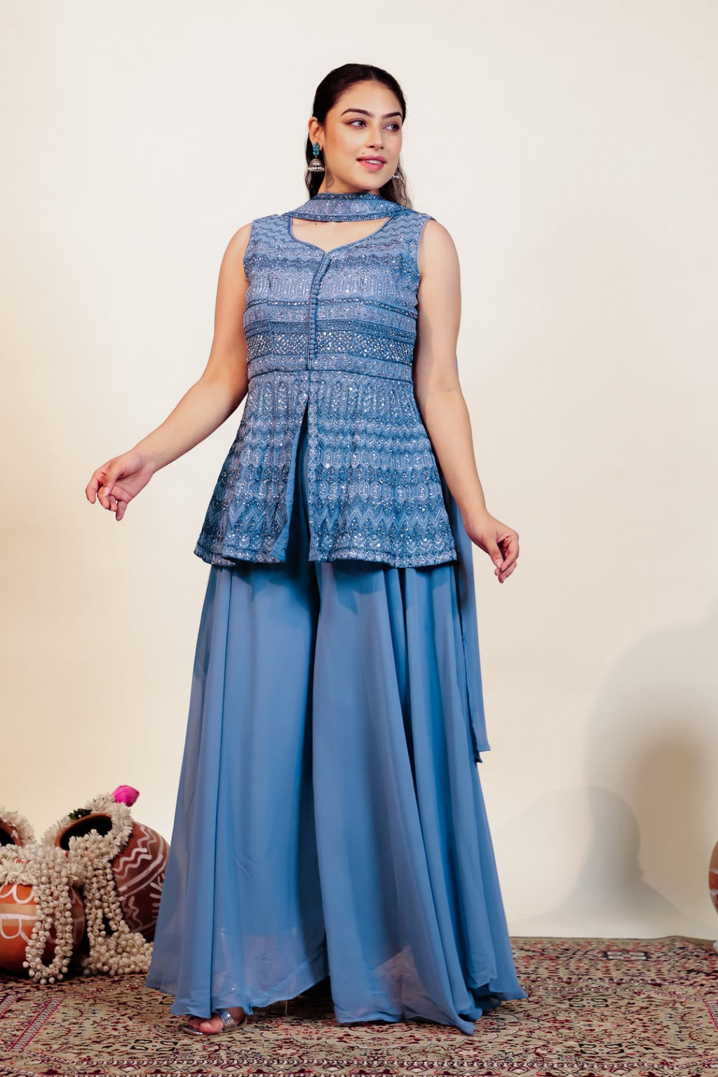 Grey Georgette Peplum Top with Zari Work, Sharara & Choker Style Dupatta