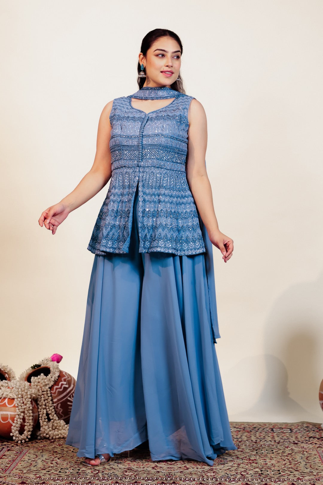 Grey Georgette Peplum Top with Zari Work, Sharara & Choker Style Dupatta