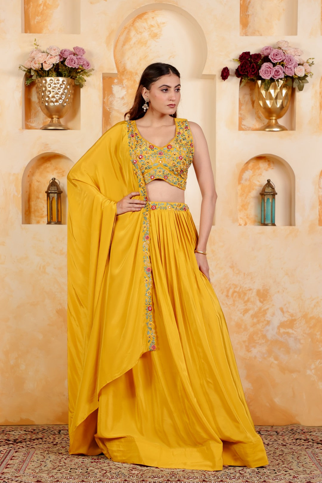 Yellow Crepe Silk Blouse with Thread & Stone Work, Lehenga & Dupatta