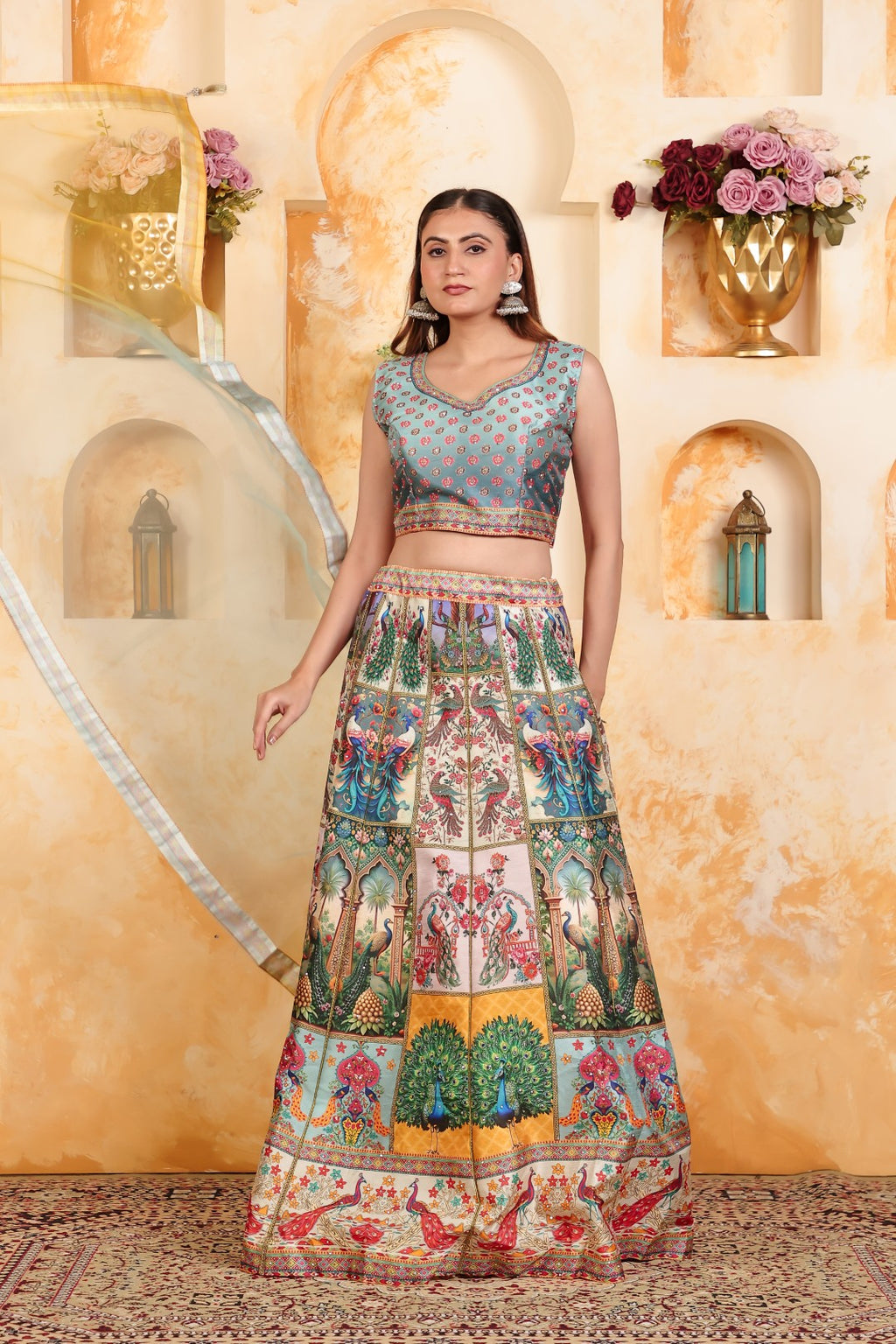 Sky Blue Taffeta Silk Printed Blouse and Multi Color Position Print Lehenga & Net Dupatta