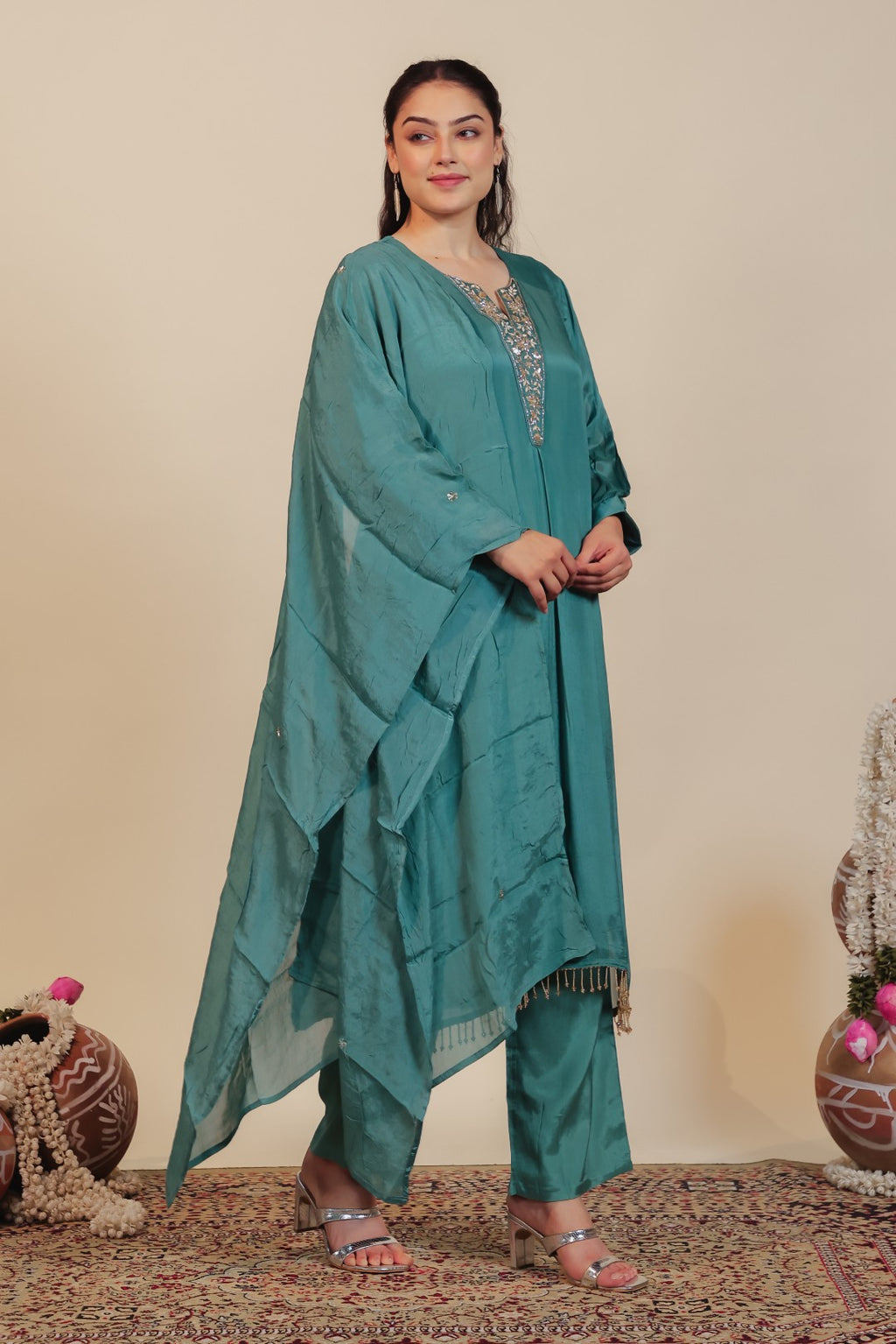 Teal Green Chinon Suit with Handwork, Bottom & Dupatta