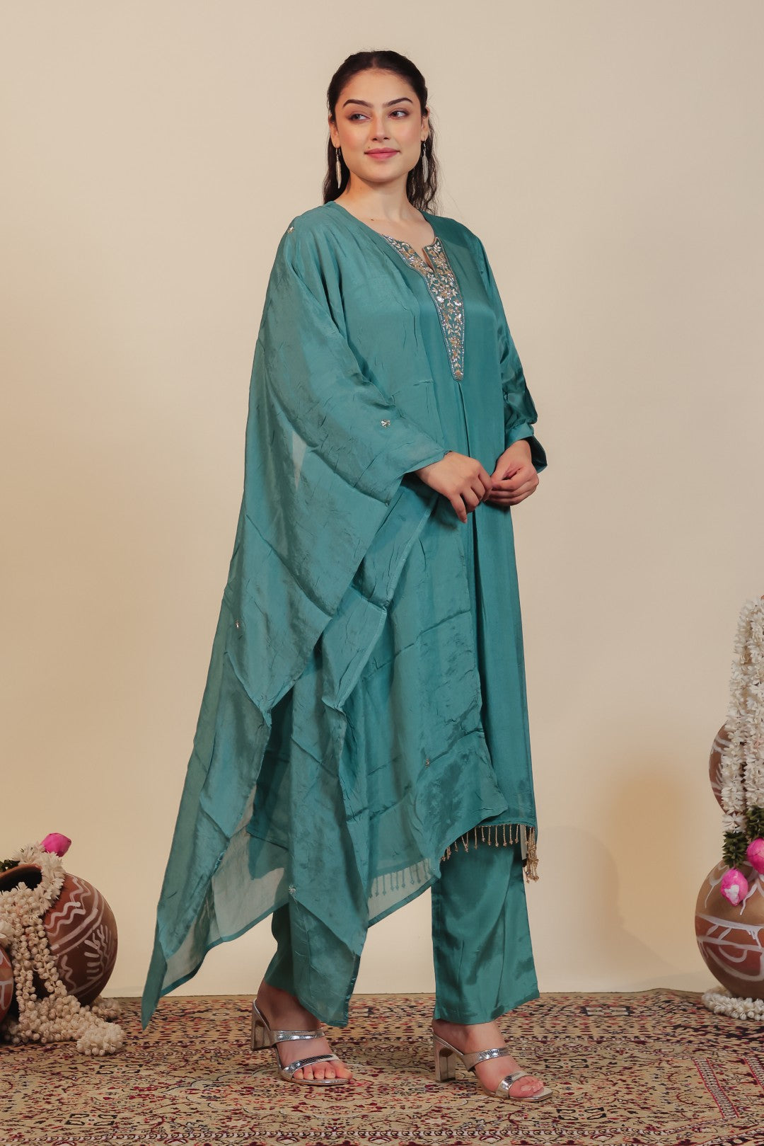 Teal Green Chinon Suit with Handwork, Bottom & Dupatta