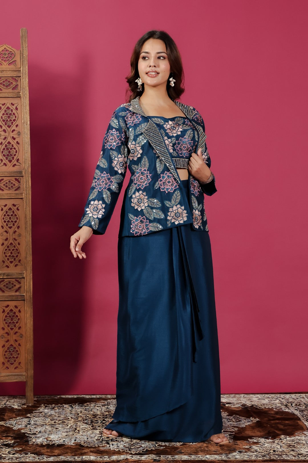 Dark Teal Blue Chinon Silk Blouse with Thread & Sequence Work, Jacket & Dhoti