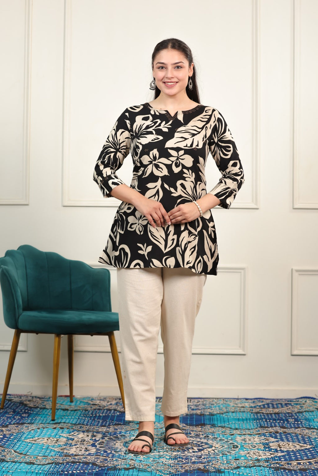 Black Rayon with Floral Printed Top