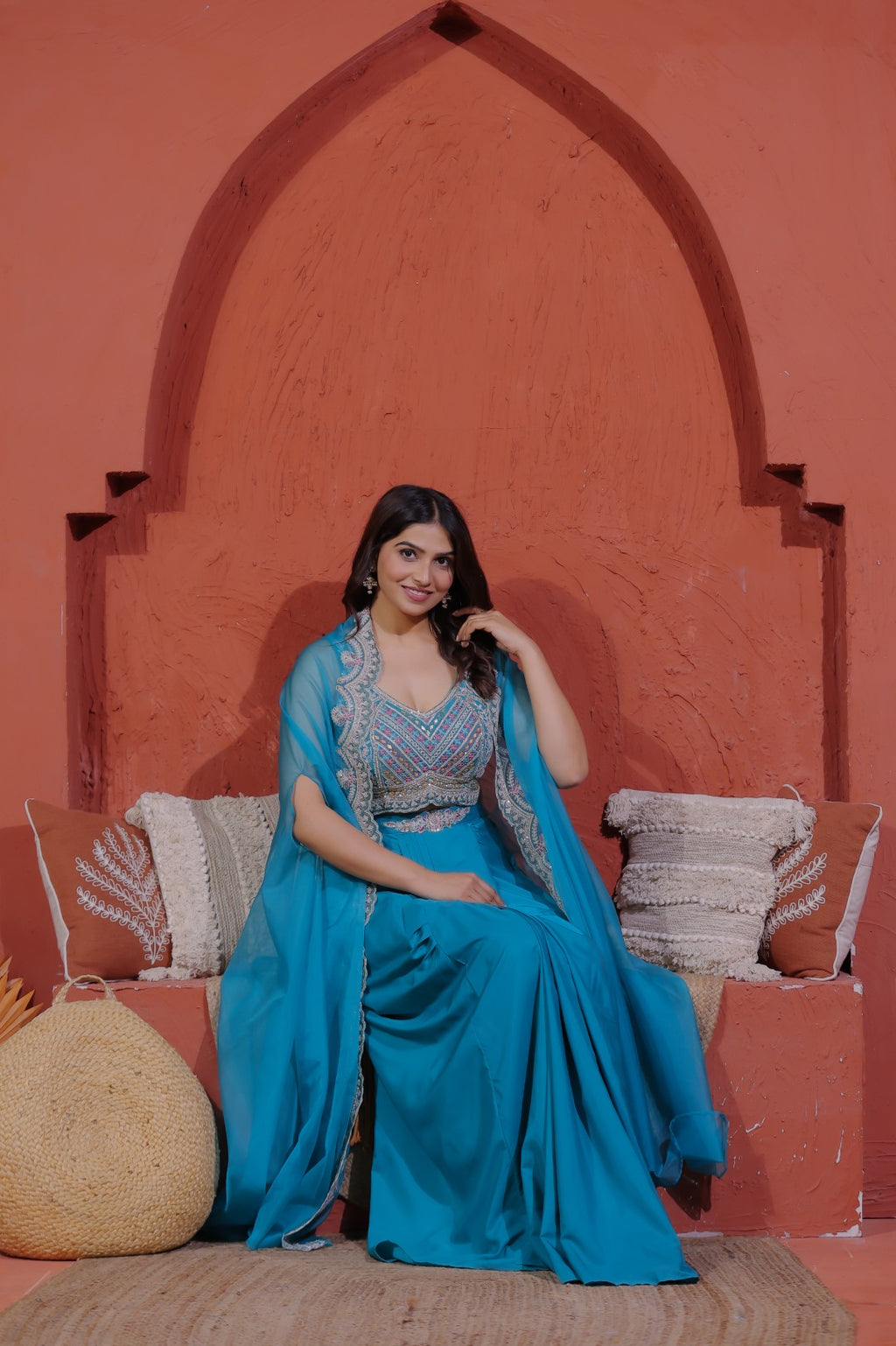 Rama Green Crepe Silk Blouse with Hand & Thread Work, Sharara & Shrug