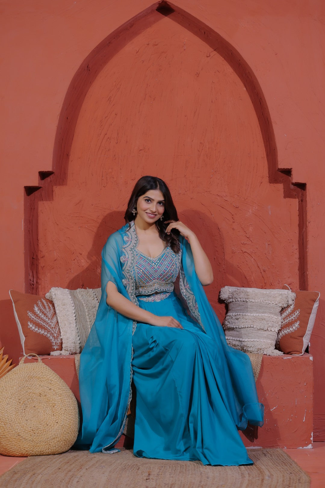 Rama Green Crepe Silk Blouse with Hand & Thread Work, Sharara & Shrug