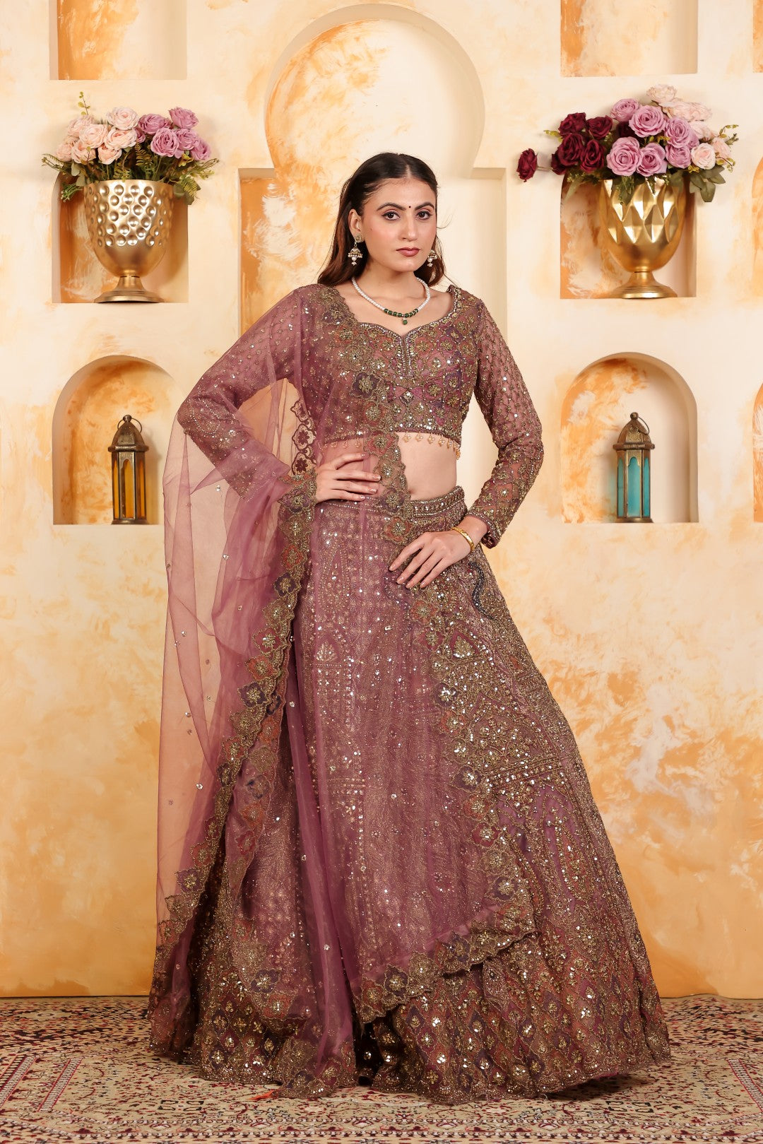 Dried Lavender Twill Net Lehenga with Heavy Zari Work, Blouse & Dupatta
