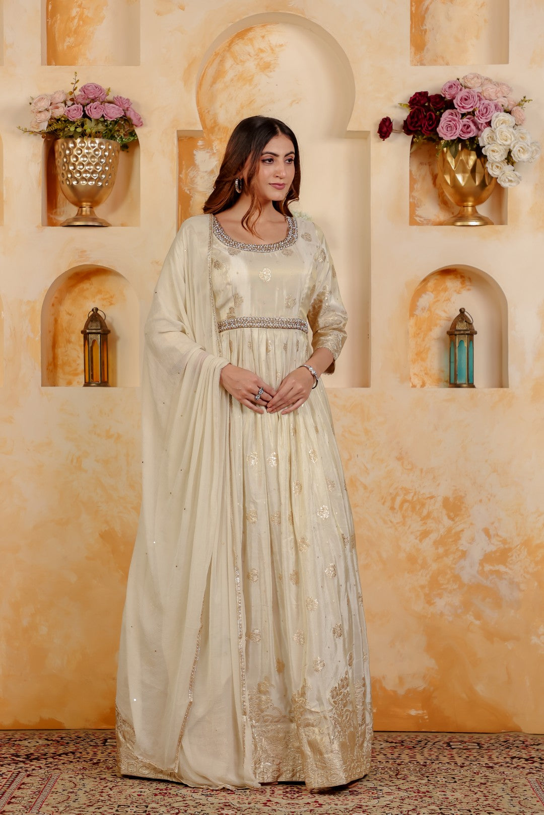 Off White Mosh Silk Banarasi Print with Belt, Gown & Dupatta