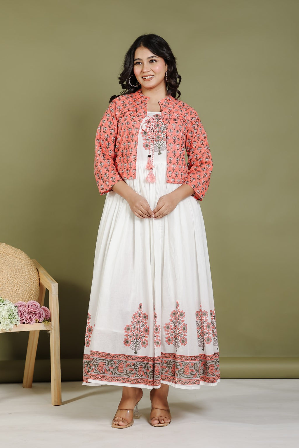 Offwhite Mulmul Cotton Suit with Hand Block Sanganeri Print and Rust Grey Hand Block Sanganeri Printed Jacket