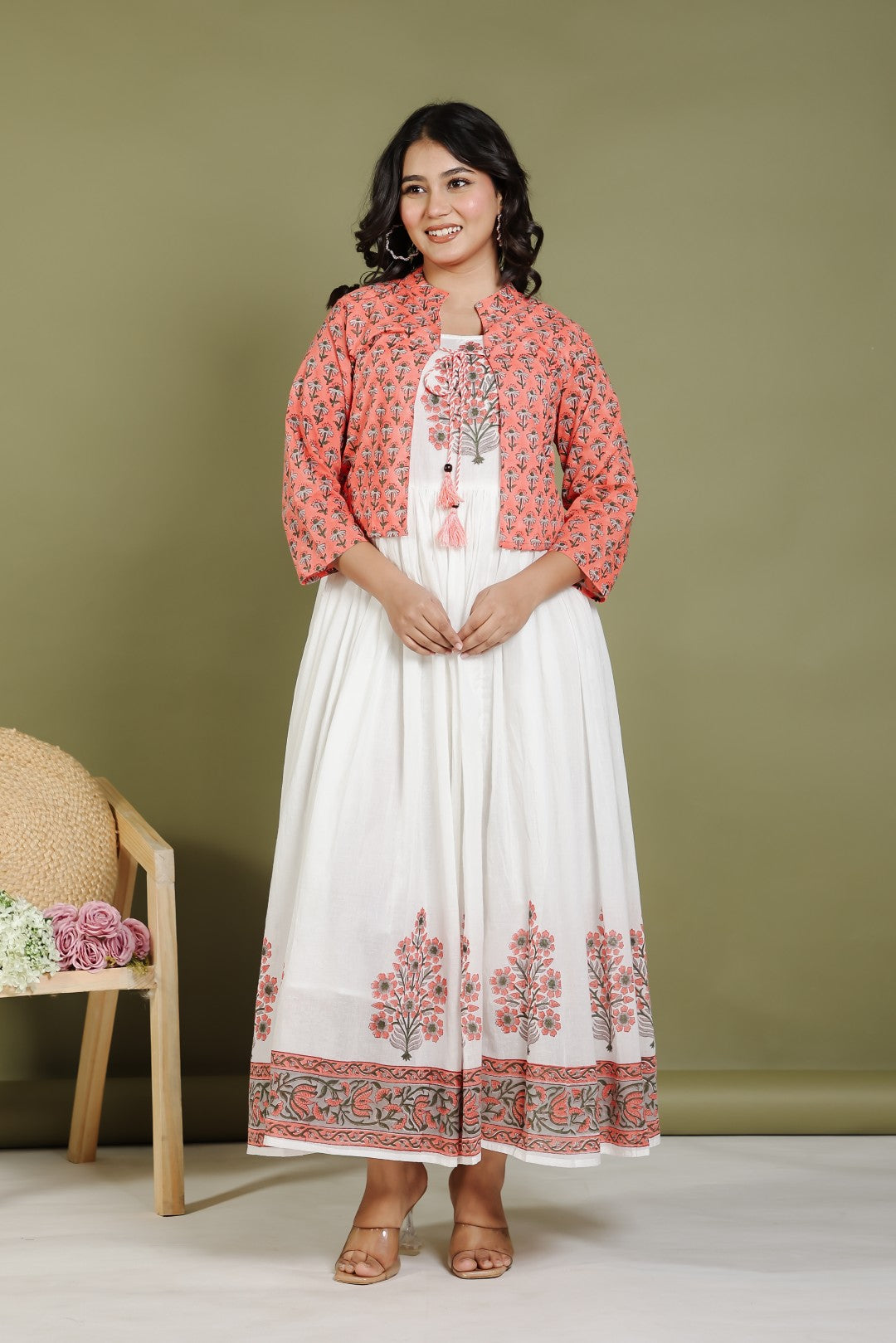 Offwhite Mulmul Cotton Suit with Hand Block Sanganeri Print and Rust Grey Hand Block Sanganeri Printed Jacket