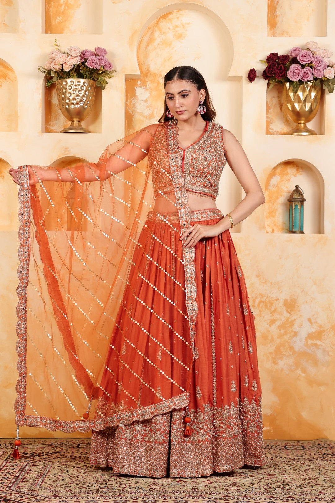 Rust Simmer Chinon Lehenga Zari work with Matching Blouse & Net Dupatta