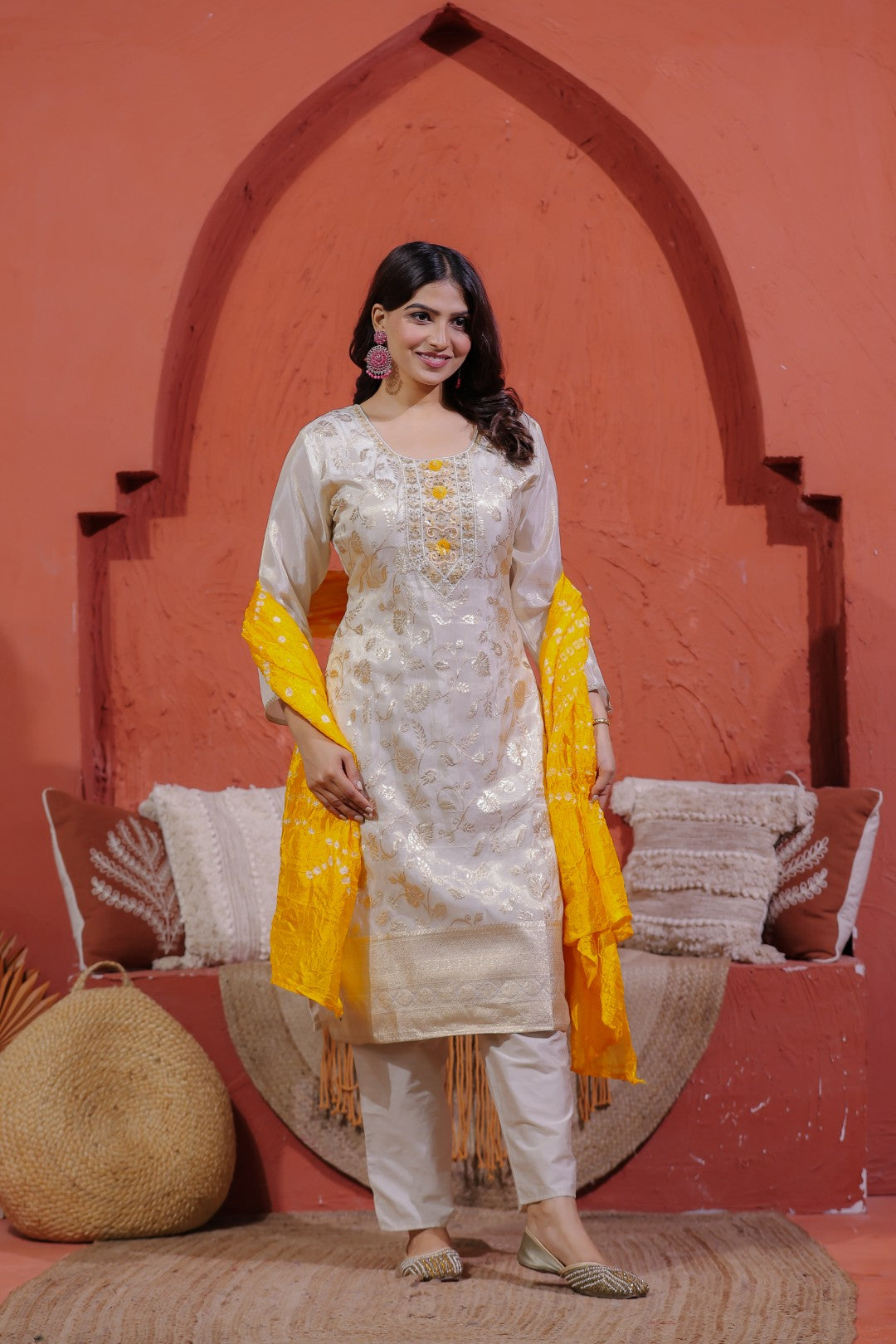 Off White Mosh Silk Suit with Banarasi Work, Pant & Dupatta