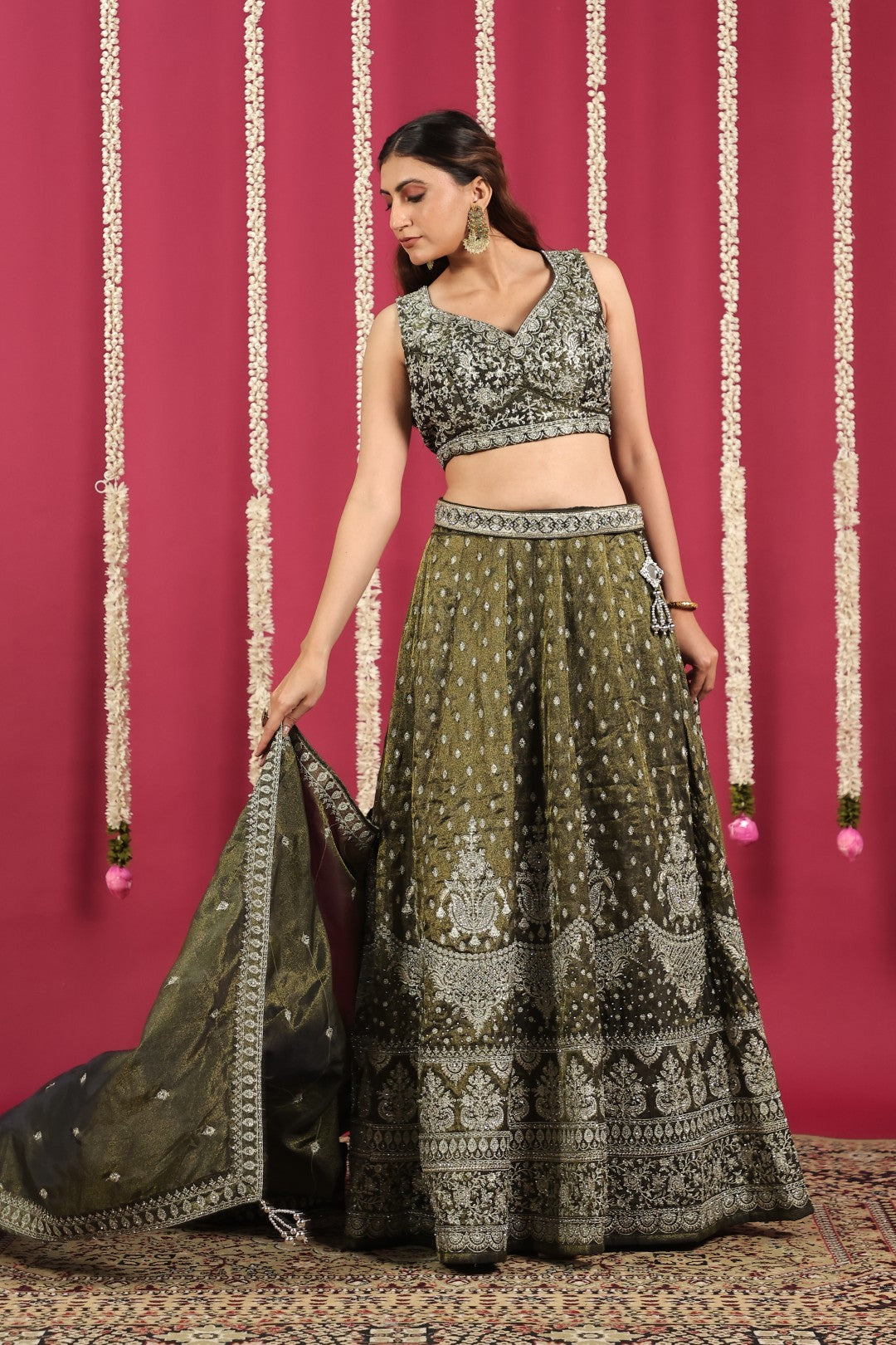 Pastel Green Mosh Silk Blouse with Full Heavy Zari Work, Lehenga & Dupatta