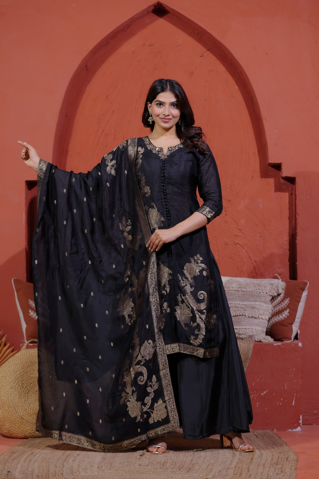 Black Jacquard Silk Banarasi Suit with Handwork, Sharara & Dupatta