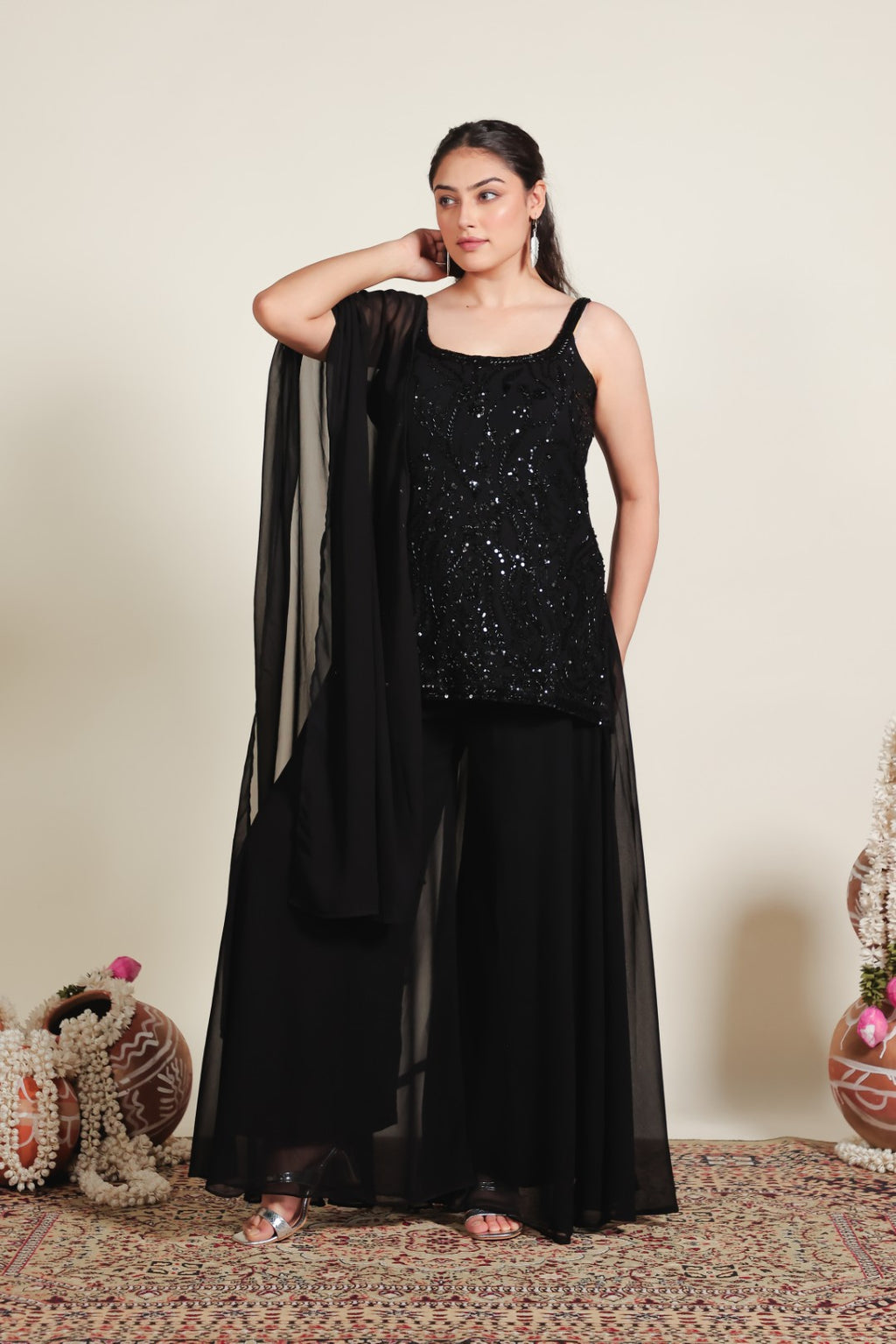 Black Georgette Suit with Handwork, Sharara & Dupatta